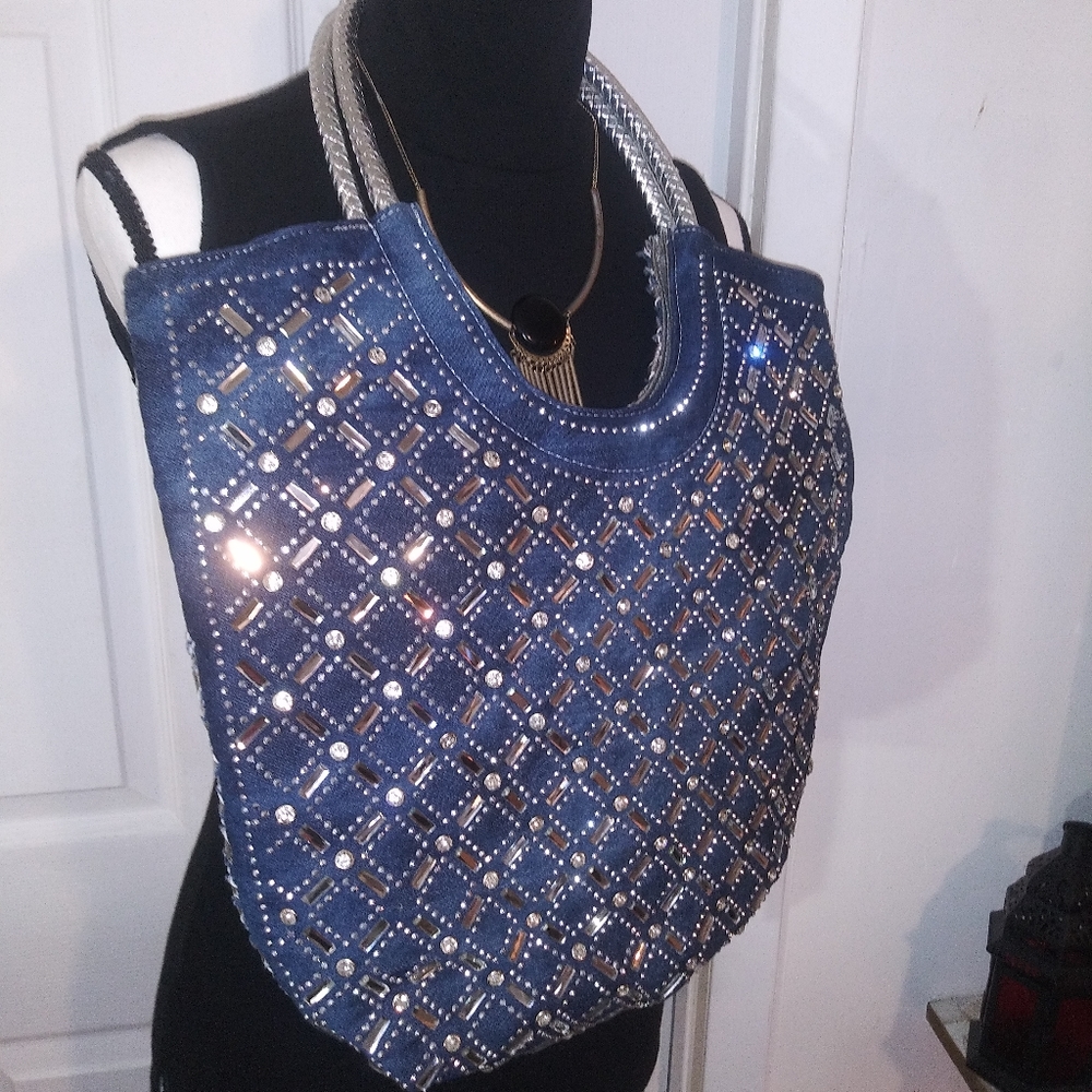 Denim and silver tote